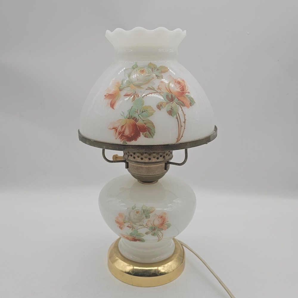 Vintage Milk Glass Parlor Lamp painted roses - Picture 2 of 4